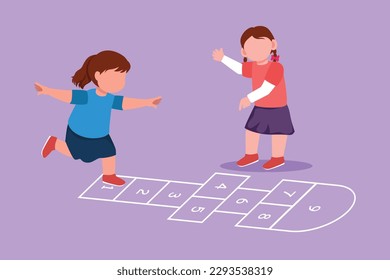 Graphic flat design drawing two little girl playing hopscotch at kindergarten yard. Kids playing hopscotch game at school outside. Hop scotch court drawn with chalk. Cartoon style vector illustration