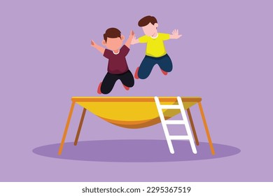 Grafische flache Designzeichnung von zwei kleinen Jungen, die zusammen auf Trampolin springen. Glückliche Kinder springen auf Rundtrampolin. Aktive Kinder spielen draußen auf dem Spielplatz. Cartoon-Stil, Vektorgrafik