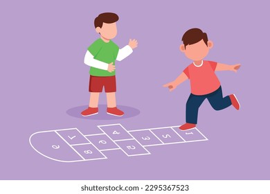 Graphic flat design drawing two little boys playing hopscotch at kindergarten yard. Kids playing hopscotch game at amusement park. Hop scotch court drawn with chalk. Cartoon style vector illustration
