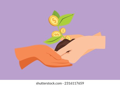 Graphic flat design drawing of two hands holding young money plant together. Money tree investment growth income interest savings economy. Concept of better future. Cartoon style vector illustration