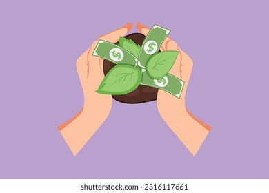 Graphic flat design drawing two hands carrying bag of potting money seedlings to be planted into soil. Money, saving and investment or family planning logo, symbol. Cartoon style vector illustration
