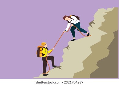 Graphic flat design drawing two women hikers climbing up mountain and helping to each other with rope. Business, leadership, achievement and goal concept, logo, icon. Cartoon style vector illustration