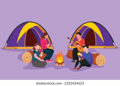 Diseño plano gráfico que dibuja a dos románticos hombres y mujeres de pareja calentándose cerca de la hoguera. Grupo de personas acampando tomando té sentados en troncos y un hombre tocando guitarra. Ilustración vectorial de estilo de dibujos animados