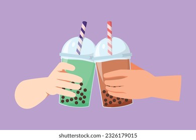 Graphic flat design drawing two hands holding plastic cup bubble tea is toasting and clinking. Brown sugar flavor tapioca pearl bubble milk tea with glass straw logo. Cartoon style vector illustration