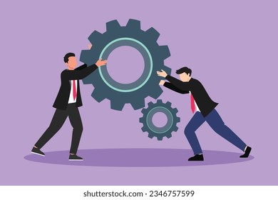 Graphic flat design drawing of two businessmen help each other pushing big cog. Group of people push gear, team of business tech holding gear collaboration solution. Cartoon style vector illustration