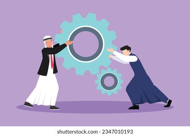 Graphic flat design drawing two Arab businessmen help each other pushing big cog. Group of people push gear, team business tech holding gear collaboration solution. Cartoon style vector illustration