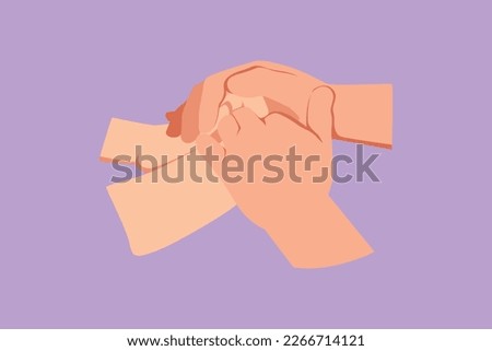 Graphic flat design drawing of two hands holding each other. Sign or symbol of love, relationship, couple, marriage. Romantic couple communication with hand gestures. Cartoon style vector illustration