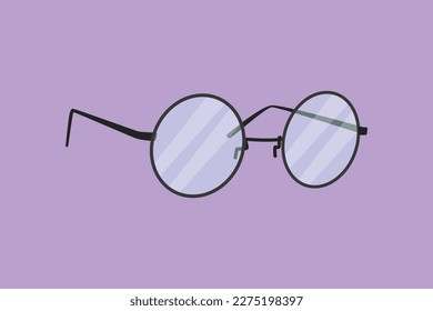 Graphic flat design drawing vintage or retro glasses with circle frame logo. Round black rimmed glasses. Side of myopia glasses, round frame, with black glasses legs. Cartoon style vector illustration