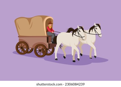 Graphic flat design drawing vintage western stagecoach with horses. Wild west covered wagons and cowboy in desert landscape. Retro western transport with old wagon. Cartoon style vector illustration