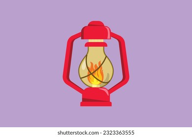 Graphic flat design drawing vintage camping lantern isolated on blue background logo icon. Retro gas lamp with glowing fire wick. Handle gas lamps for tourist hiking. Cartoon style vector illustration