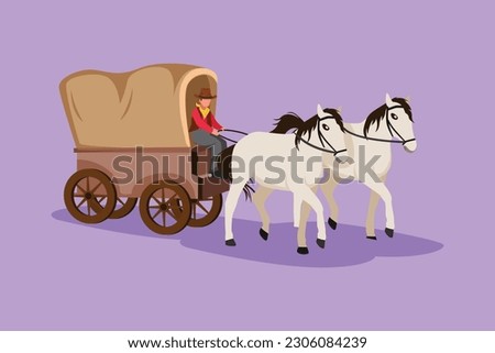 Graphic flat design drawing vintage western stagecoach with horses. Wild west covered wagons and cowboy in desert landscape. Retro western transport with old wagon. Cartoon style vector illustration