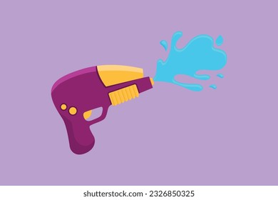 Grafische flache Design-Zeichnung Wasserpistole Logo, Symbol, Etikett, Symbol. Plastisches Sommerspielzeug. Spielzeugdesign für Kinder. Schleuder mit Wassersplash. Flat einzeln auf blauem Hintergrund. Cartoon-Stil, Vektorgrafik