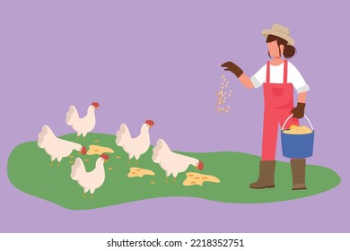 Graphic flat design drawing woman farmer holding bucket of seeds and feeding chickens and hens. Countryside farming. Rural scene with agricultural worker and poultry. Cartoon style vector illustration