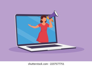 Graphic flat design drawing woman coming out of laptop computer screen holding megaphone. Offering product with discount or sale. Digital marketing and online store. Cartoon style vector illustration