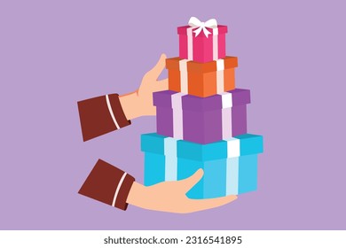 Graphic flat design drawing woman hands gives gift in boxes. Girl holding huge stack New Year presents symbol. Millennial female carrying pile of wrapped gifts box. Cartoon style vector illustration