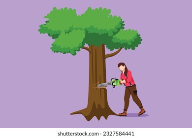 Graphic flat design drawing woman logger sawing log, tree in forest. Wood industry worker with saw in hands. Female lumberjack cut timber wood, woodcutter occupation. Cartoon style vector illustration