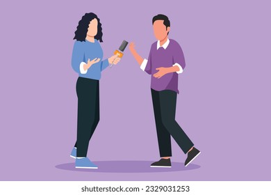Graphic flat design drawing woman TV journalist, reporter with microphone interviews senator, vip businessman, congressman. Business news, tv channel, live streaming. Cartoon style vector illustration