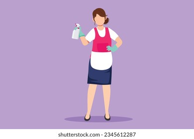 Graphic flat design drawing woman washing windows at home. Housework chores, female doing house work domestic duties. Girl cleaning, tidying up. Housekeeping routine. Cartoon style vector illustration