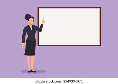 Graphic flat design drawing woman teacher professor standing in front of blackboard teaching student in class. College class or university teacher teach in classroom. Cartoon style vector illustration