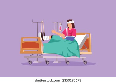 Graphic flat design drawing woman patient with broken leg lying in hospital. Hospitalization of patient. Sick person in bed. The leg is bandaged and fixed with cast. Cartoon style vector illustration