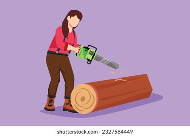 Graphic flat design drawing of wood industry worker with chainsaw working. Woman logger sawing log in forest. Girl lumberjack cut timber wood, woodcutter occupation. Cartoon style vector illustration svg