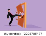 Graphic flat design drawing of young businessman kicks the door until door shattered. Man kicking locked door and destroy. Business concept of overcoming obstacles. Cartoon style vector illustration