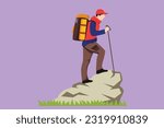 Graphic flat design drawing young hiker with backpack on top of mountain logo, icon. Trekking man simple sketch, Outdoor activity. Happy hikers, tourists or climbers. Cartoon style vector illustration