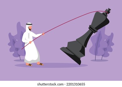 Graphic flat design drawing young motivation Arabian businessman pulling big king chess with rope. Business achievement goal, strategy, competitive, strategic goals. Cartoon style vector illustration
