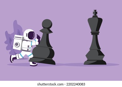 Graphic flat design drawing young astronaut push huge pawn chess piece to beat king in moon surface. Strategic move in win game play. Cosmonaut outer space concept. Cartoon style vector illustration