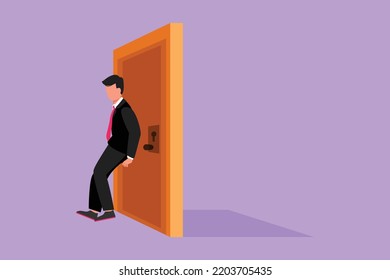 Graphic flat design drawing young businessman pushing door with his back. Business struggles metaphor. Strength for success. Business concept of overcoming obstacles. Cartoon style vector illustration