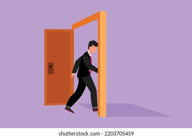 Graphic flat design drawing of young businessman enters the room through the door. Male manager walking to opened door. Starting new day at office. Business metaphor. Cartoon style vector illustration