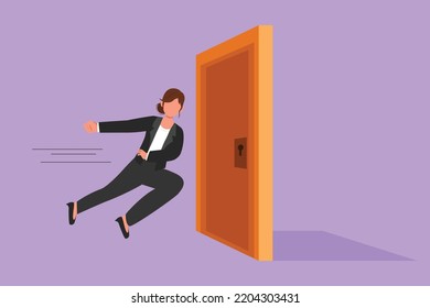 Graphic flat design drawing of young businesswoman running and want to break down door. Business struggle metaphor. Strength worker for success. Opening closed doors. Cartoon style vector illustration