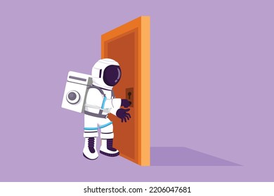 Grafische flache Konstruktion, die jungen Astronauten mit einem Türknopf zeichnet. Eintritt in den Raum auf der Mondfläche. Spaceman hält Türknopf zu öffnen Tür. Cosmonaut Tiefenkonzept. Cartoon-Stil, Vektorgrafik