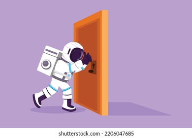 Graphic flat design drawing of young astronaut pushes closed door in moon surface. Strength spaceman for success. Opening closed doors. Cosmonaut deep space concept. Cartoon style vector illustration