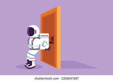 Graphic flat design drawing of young astronaut pushing door with his back in moon surface. Strength for success, overcoming obstacles. Cosmonaut deep space concept. Cartoon style vector illustration