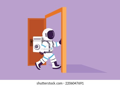 Graphic flat design drawing young astronaut enters the room through the door in moon surface. Spaceman walking to opened door. Starting new day. Cosmonaut deep space. Cartoon style vector illustration