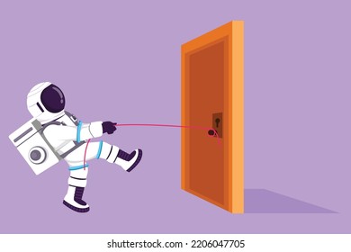 Dibujo gráfico plano de diseño de un joven astronauta tirando de la puerta con una cuerda, metáfora para enfrentar problemas en la superficie lunar. Fuerza para el éxito. El concepto de espacio profundo cosmonauta. Ilustración vectorial de estilo de dibujos animados