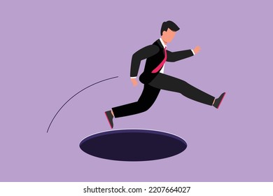 Graphic flat design drawing of young businessman jumping through hole, metaphor to facing big problem. Business struggles in market competition. Strength for success. Cartoon style vector illustration