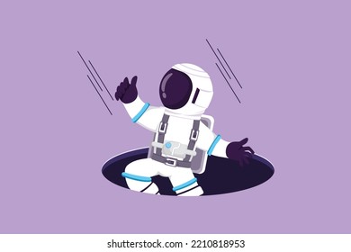 Graphic flat design drawing young astronaut fell into manhole underground sewer in moon surface. Depressed spaceman due to exploration failure. Cosmic galaxy space. Cartoon style vector illustration