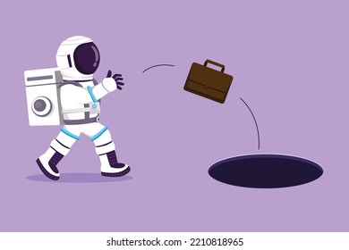 Graphic flat design drawing of young astronaut throws briefcase into hole in moon surface. Failure to explore advantage of opportunities. Cosmic galaxy space concept. Cartoon style vector illustration