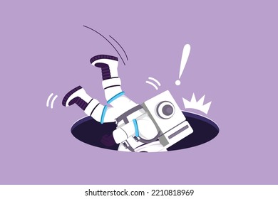 Graphic flat design drawing of young astronaut falling into pit hole in moon surface. Legs up. Logo protruding legs from hatch, puddles. Cosmic galaxy space concept. Cartoon style vector illustration