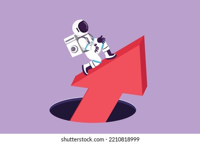 Graphic flat design drawing young astronaut standing on big arrows coming out of holes in moon surface. Rising of scientific exploration. Cosmic galaxy space concept. Cartoon style vector illustration