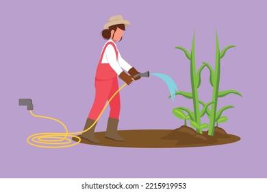 Graphic flat design drawing young woman gardener in overalls and boots water plants using hose. Green stems grow out of the ground. Care for the garden, agriculture. Cartoon style vector illustration