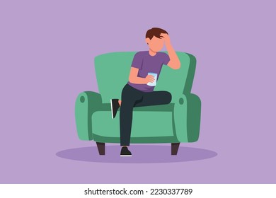 Graphic flat design drawing young man sitting on couch and resting, drinking tea. Male manager relaxing and holding a glass of coffee. Enjoying break time at office. Cartoon style vector illustration