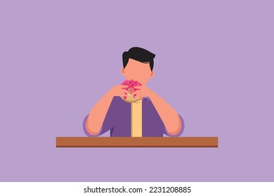 Graphic flat design drawing young man hold and eat sweet donut for breakfast. Happy male having yummy dessert and sitting at table. Delicious tasty fast food concept. Cartoon style vector illustration