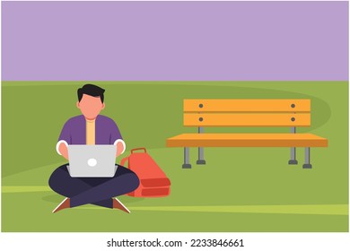 Graphic flat design drawing of young businessman using laptop computer sitting on grass in the park. Relax male student typing computer keyboard and studying outdoor. Cartoon style vector illustration