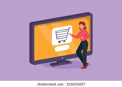 Diseño gráfico plano dibujando a una joven mujer parada y comprando en línea a través de la pantalla de la computadora con carro de la compra dentro. Estilo de vida digital, concepto de consumismo tecnológico. Ilustración vectorial de estilo de dibujos animados
