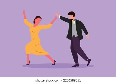 Graphic flat design drawing young man and woman professional dancer couple dancing tango, waltz dances on dancing contest dancefloor. Couple dance with elegant style. Cartoon style vector illustration