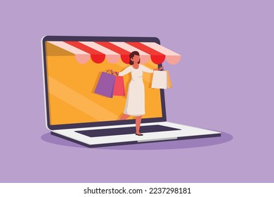 Graphic flat design drawing young woman coming out of laptop screen holding shopping bags. Sale, digital lifestyle and consumerism concept. Online store technology. Cartoon style vector illustration