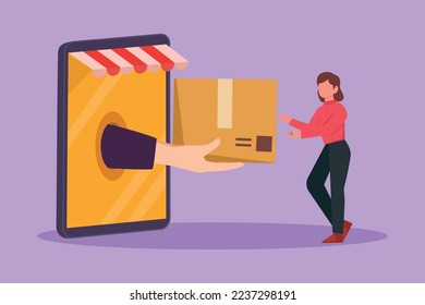 Graphic flat design drawing young woman receives package box from big hand that came out of large canopy smartphone screen. Digital delivery and online store concept. Cartoon style vector illustration